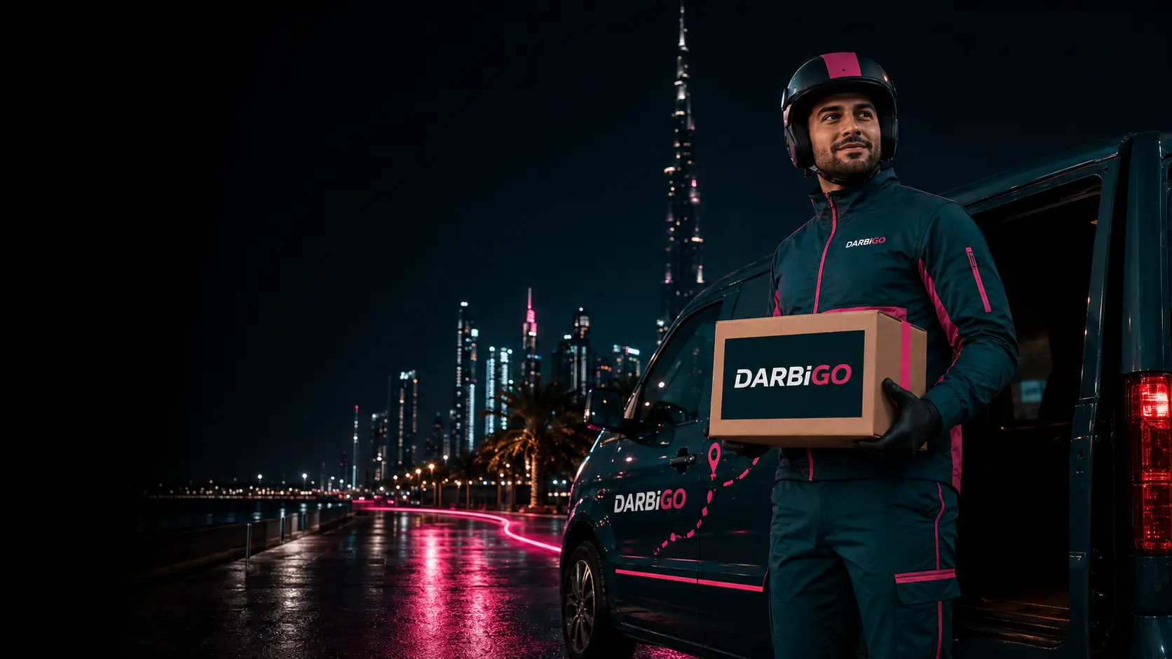 DARBiGO courier holding a branded parcel beside a delivery van at night